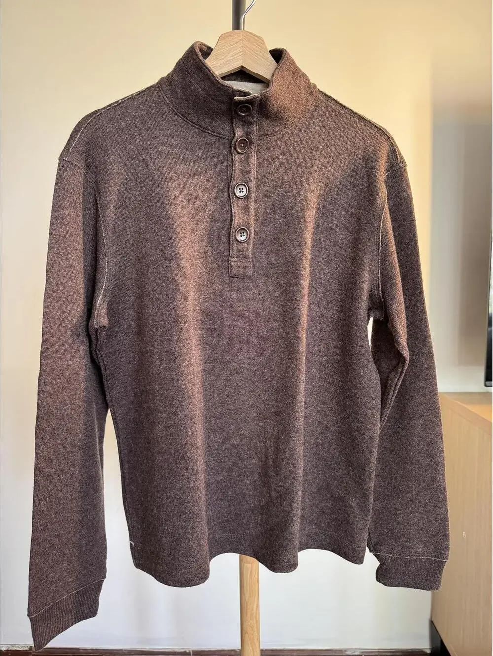 Brown Long Sleeve Buttoned Mock Neck Sweater